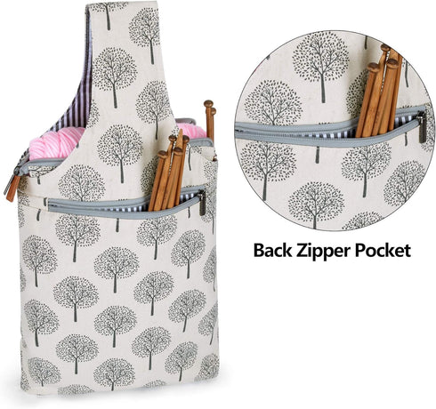 Teamoy Knitting Bag, Canvas Yarn Tote Project Bag for Knitting Needles, Yarn and Crochet Supplies, Perfect Size for Knitting on The Go, Tree...
