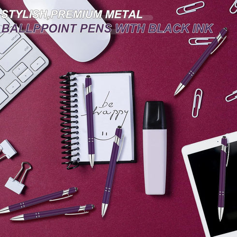 12 Pieces Ballpoint Pen with Stylus Tip, 1.0 mm Black Ink Metal Pen Stylus Pen for Touch Screens, 2 in 1 Stylus Ballpoint Pen (Purple and Silver)...