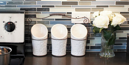 Kitchen Tool Crock (4 Pieces) - 3 Ceramic Utensil Holders (4" Dia x 7" H each) & 1 Metal Caddy - White & Embossed Design...