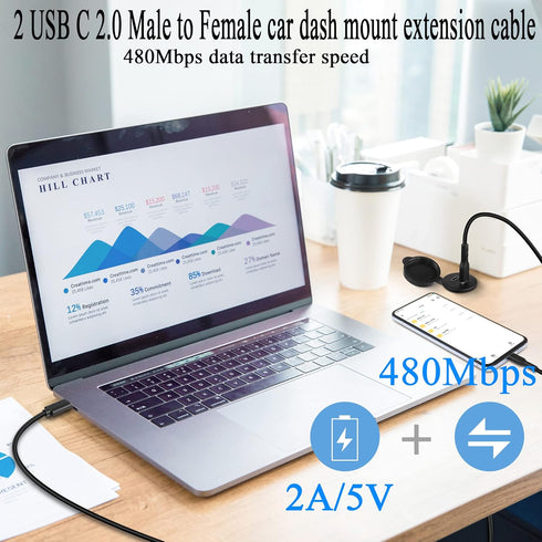 QIANRENON 2 USB C Threaded Flush Mount Waterproof Cable Dual USB C 2.0 Male to Female Car Dash Mount Extension Cable for Car Boat Truck Yacht Moto...