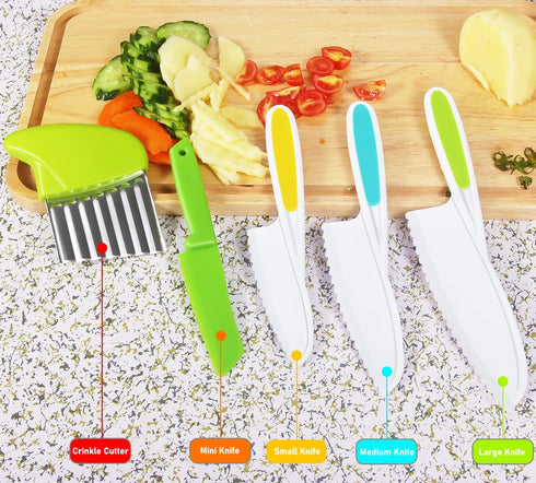 Kids Knife Set 5 Pcs Toddler Safe Knives Plastic Child Friendly Knife with Crinkle Cutter BPA-Free Serrated Edges Kitchen Tools for Real Cooking a...