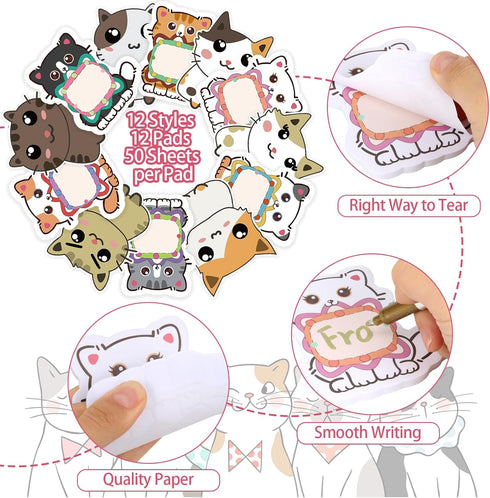 600Pcs Cute Cat Sticky Notes, Cartoon Cat Animal Sticky Notes Kawaii Sticky Note Pads Self-Stick Memo Pads Cat Shapes Memo Notes for Cat Lovers St...