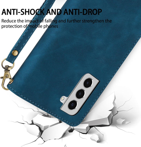 ZZXX for Samsung Galaxy S22 Case Wallet with Card Slot Premium Soft PU Leather Zipper Flip Folio with Wrist Strap Kickstand Protective Case (Blue-...