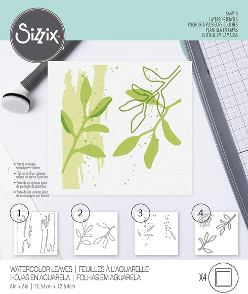 Sizzix Layered Reusable Crafts 4PK Watercolor Leaves by Olivia Rose | 664918 | Chapter 4 2022 Stencils, Mulitcolour...