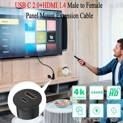 QIANRENON USB C&HDMI Threaded Flush Mount Waterproof Cable Adapter USB C 2.0+HDMI 1.4 Male to Female Panel Mount Extension Cable, 4K@60HZ, for Car...