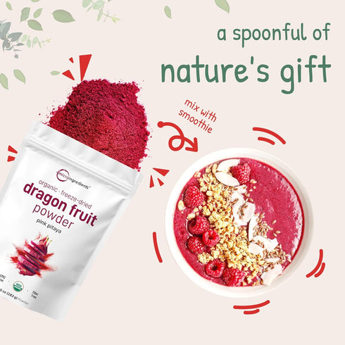 Organic Dragon Fruit Powder, 10oz | 100% Natural Fruit Powder | Freeze-Dried Pink Pitaya Source | No Sugar & Additives | Great Flavor for Drinks, ...
