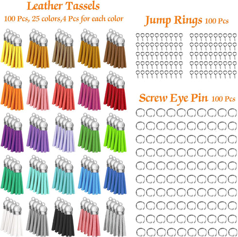 Keychain Tassels Jewelry Key Charms - 300pcs Keychain Tassels Bulk, 100pcs Key Chain Tassles, 100pcs Jump Rings, 100pcs Screw Eye Pins Hooks, Leat...