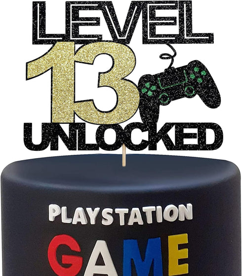 level 13 unlocked cake topper official teenager 13th birthday cake decoration, video game controller theme happy birthday party decoration, black ...