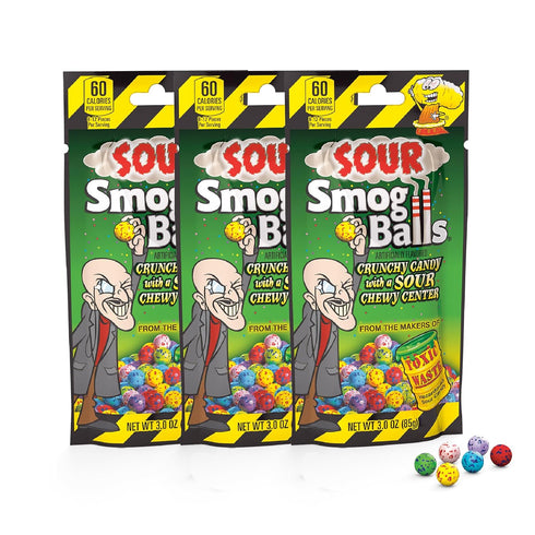 TOXIC WASTE - Sour Smog Balls - Crunchy & Chewy Sour Balls - Lime, Cherry, Strawberry, Lemon, Blue Raspberry, & Grape Flavors - 3 oz. Bags - 3-Pac...