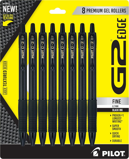 Pilot, G2 Edge Premium Gel Roller Pens, Fine Point 0.7 mm, Black, Pack of 8...