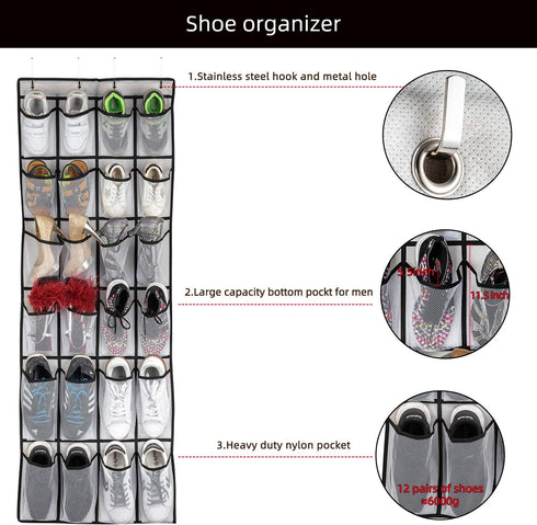 Over The Door Shoe Organizer, Hanging Shoe Organizer with 24 Mesh Large Pockets Door Shoe Rack Organizer for Men Women Kids Hanging Shoe Storage B...