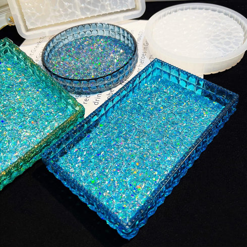 Yayatty Jewelry Casting Silicone Molds, Rectangle Silicone Serving Tray Molds for Resin Diamond Pattern Storage Silicone Resin Molds with Gold Foi...