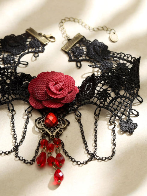Sacina Set Red Flower Choker Earrings, Black Velvet Victorian Choker Necklace, Gothic Choker, Vintage Necklace, Costume Jewelry, Christmas Jewlery...