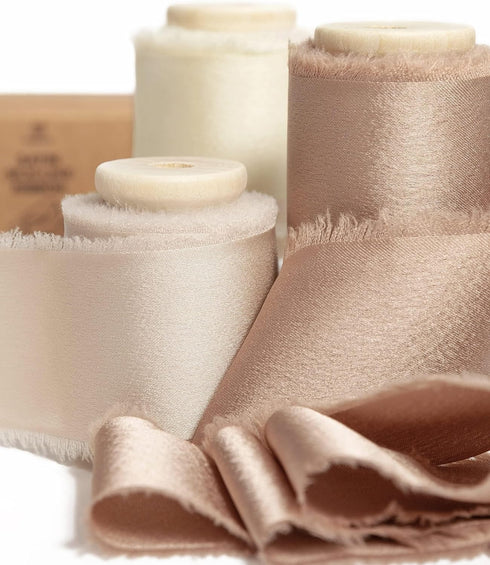 Vitalizart Silk Satin Ribbon 1-1/2 inch x 15 Yard with Wooden Spool Champagne & Nude Handmade Frayed Ribbons for Gift Wrapping Baby Shower Wedding...
