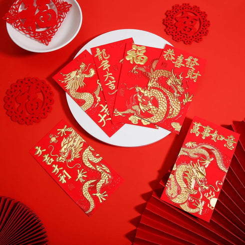 36pcs Chinese Red Envelopes, 2024 Year of Dragon Red Pocket Lunar New Year Red Packet Lai See Hong Bao with Golden Embossed Pattern Lucky Money En...