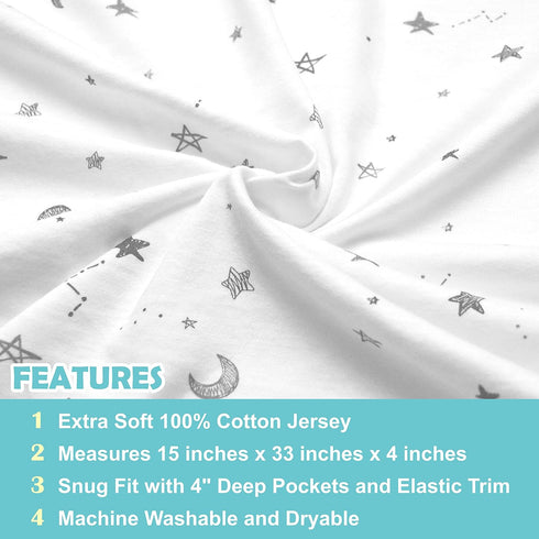 TL Care 100% Natural Breathable Cotton Jersey Knit Fitted Bassinet Sheet, Grey Stars and Moons, 15" x 33", Soft Breathable, for Boys and Girls(Pac...