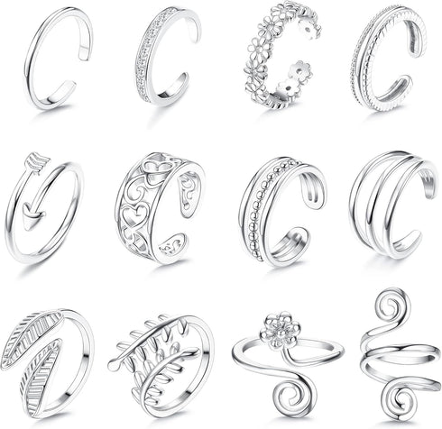 Sanfenly 12PCS Adjustable Toe Rings for Women Gold Silver Black Open Toe Rings Set Flower Arrow Leaf heart CZ Tail Pinky Band Rings Summer Beach F...