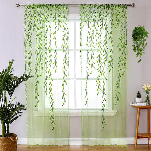 Green Sheer Curtains 108 Inches Long for Living Room, Vine Leaf Patterned Curtains 2 Panels Green Bedroom Curtain Sheers Voile Transparent Window ...