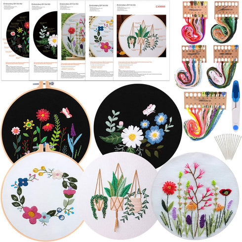 FEPITO 5 Sets Embroidery Starter Kit with Pattern and Instructions Cross Stitch Kit Including 5 Pcs Embroidery Clothes with Floral Pattern, 2 Pcs ...