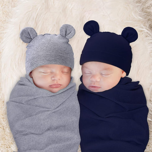2 Sets Newborn Infant Swaddle Hat Infant Bear Ear Beanie Baby Receiving Blankets Newborn Swaddle Wrap Hospital Receiving Blankets for 0-6 Mouths U...