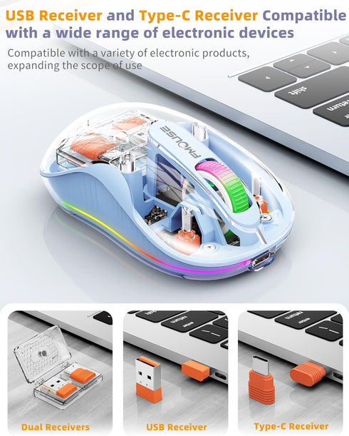 Unique Transparent Bluetooth Mouse with USB & Type-C Two Receiver, Small Portable Wireless Rechargeable Mice for MacBook/pc/iPad/Laptop and Multi ...