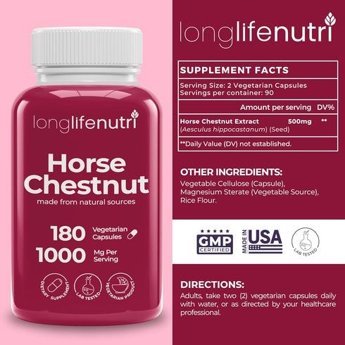 Horse Chestnut Extract 500mg - 180 Vegetarian Capsules, Organic Supplement for Daily Wellness & Circulation, 3-Month Supply, GMP Certified, Made i...