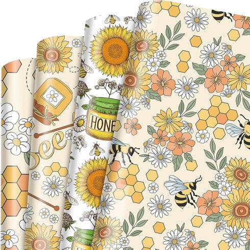 Bolsome 12 Sheets 28 * 20 Inches Bee Wrapping Paper Honeycomb Sunflower Honeybee Patterned Gift Wrap Paper for Baby Shower Spring Holiday Birthday...