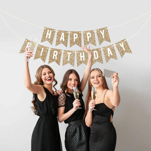 Pre-strung Happy Birthday Banner - No DIY - Gold Glitter Birthday Party Banner - Pre-strung Garland on 6 ft Strands - Gold Bday Party Decorations ...