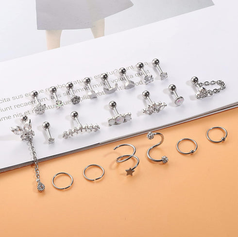 Florideco 21Pcs 16G Cartilage Earring Stud for Women Stainless Steel 20G Cartilage Hoop Earring Set Heart Flower Chain Dangle CZ Curved Tragus Con...