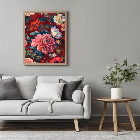 Posterizer 1 pcs-bright blush pink red flowers-retro red background-Floral & Botanical Art-Abstract & Modern Art-Decor for Home & Office- UNFRAMED...