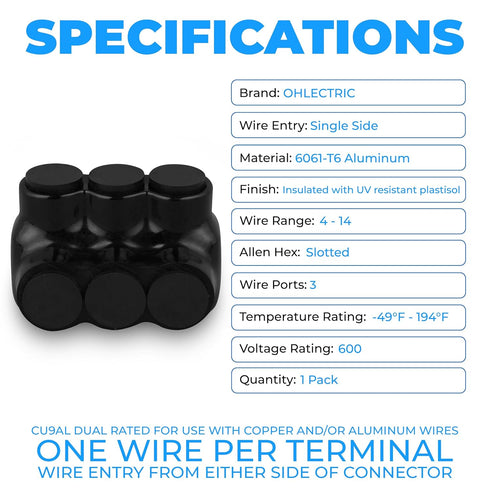 OHLECTRIC Black insulated Connector - Single Side Entry - 3 Port - 4-14" Wire Range - Slotted Hex Screw - Pre-Filled with Oxide Inhibitor - Rubber...