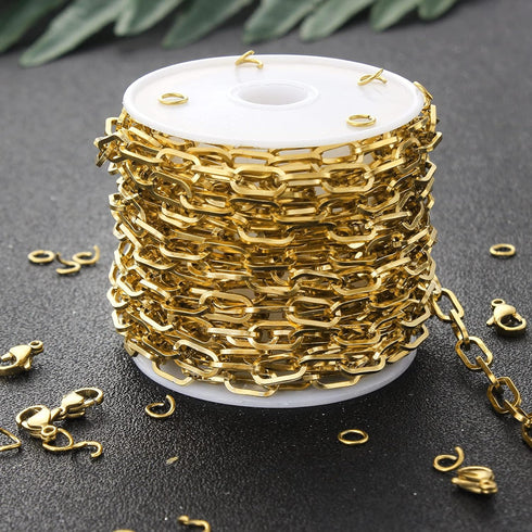 16.4 Feet Gold Plated Stainless Steel Chain Bulk Flat Paperclip Link Chains 5x10mm Jewelry Chain Roll with Jump Rings Lobster Clasps Oval Cable Ch...