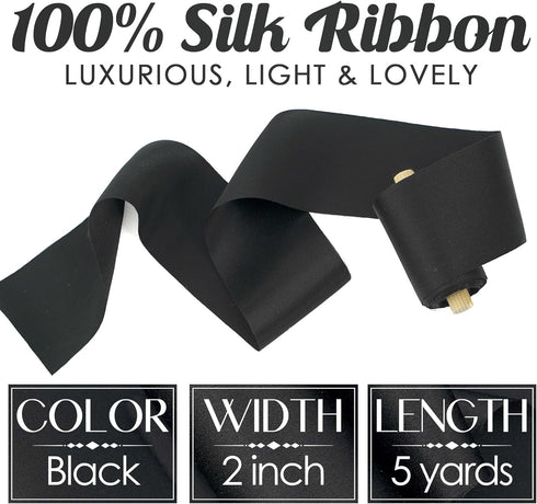 MEEDEE Black Silk Ribbon 2 Inch Silk Ribbon Black Pure Silk Hair Ribbon Black Satin Silk Ribbon 5 Yards On Spool Black Ribbon for Crafts, Wedding ...