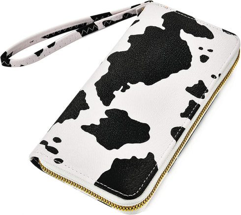 Cow Print PU Leather Wallet Zip Around Cash Coin Card Phone Holder Women Girls Wallet Long Wristlet Purse Clutch Handbag...