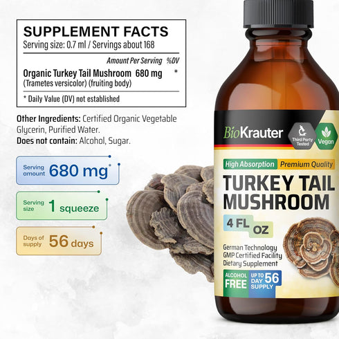 BIO KRAUTER Turkey Tail Mushroom Supplement - Turkey Tail Extract for Immune Support - Vegan, Alcohol & Sugar Free Drops 4 Fl.Oz....