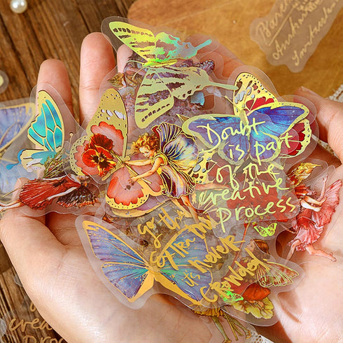 Aromoty Fairy Gold foil Holographic Stickers Set 120Pcs 4 Themes Resin Transparent Butterfly Flowers Floral Sticker Aesthetics Journaling Stickers...