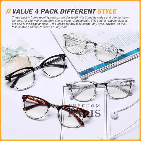 DOOViC 4 Pack Blue Light Blocking Reading Glasses Anti Eyestrain Fashion Classic Style Spring Hinge Computer Readers for Women Men 1.50 Strength...