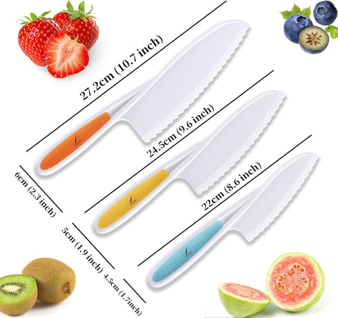 3PCS Toddler Knife Set, Plastic Kids Knife Set for Real Cooking, Round Tips with Serrated Edges, Perfectly Safe Kids Knife Set (Orange, Blue, Gree...