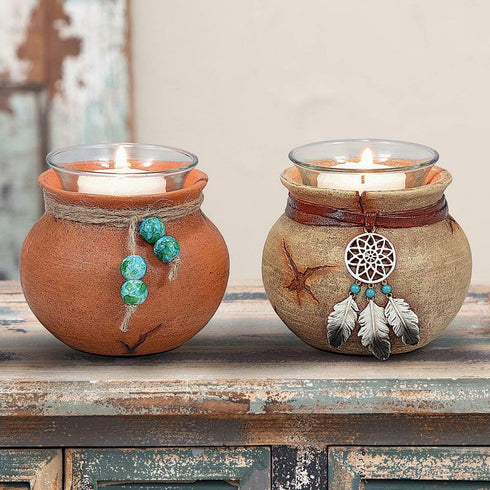 Southwest Pots Candle Holders – Set of 2 Rustic Votive Holders – Twine & Bead Accent – 3.6" x 2.8"...