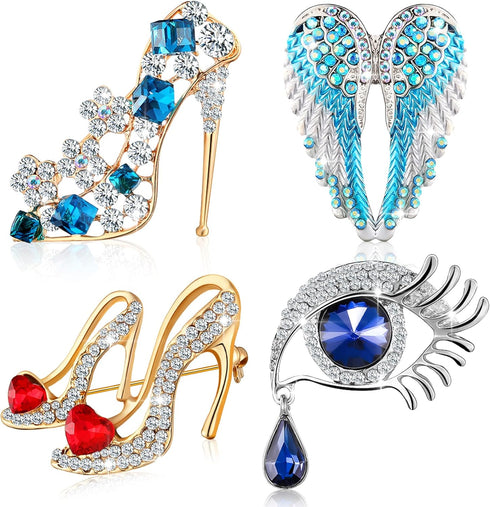4 Pieces Brooches Pins for Women Rhinestone High Heel Crystal Brooches Princess Shoes Angel Wing Tear for Women Brides Gifts Party Favors Mom's Pr...