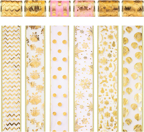 Gold Ribbon for Christmas Tree 2.5 Inch 6 Rolls 36 Yards Gold Christmas Ribbon Gold Ribbon,Wired Holiday Party Ribbons Assorted Patterns Decoratio...
