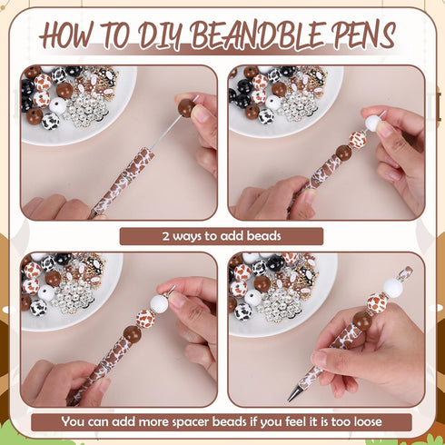Whaline 110Pcs Cow Beadable Pens Black and Brown Cow Print DIY Pens with 30Pcs Spacer Beads 40Pcs Wooden Beads 10Pcs Cow Pendant for Student Offic...