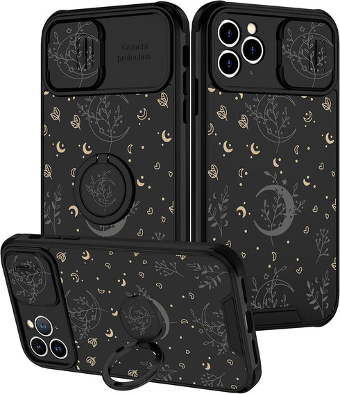 Goocrux (2in1 for iPhone 11 Pro Max Case Moon Plants Women Girls Cute Phone Cover Flower Heart Stars Space Design with Slide Camera Cover+Ring Fas...
