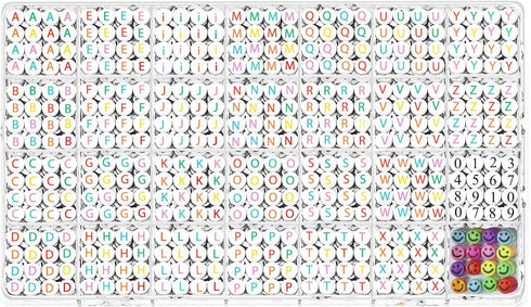Alphabet Beads A-Z 1400Pcs Letter Beads, Acrylic 4x7mm Round Letter Beads Kits,Black Digit and Colorful Smile Beads for Bracelets Necklaces DIY Je...