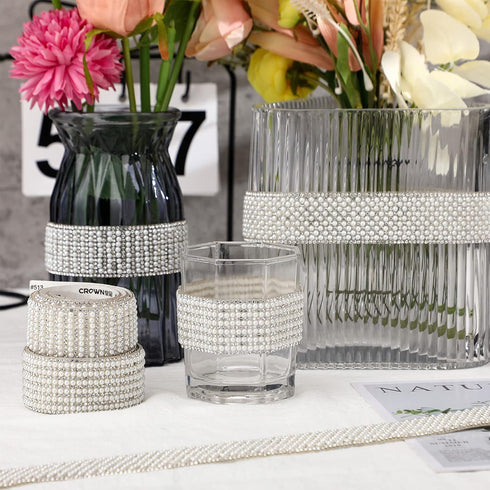 3 Rolls Pearl Diamond Self Adhesive Ribbon Rhinestone Pearl Beaded Ribbon Sticker Crystal Chain Banding for Crafts DIY Wedding Birthday Party Phon...