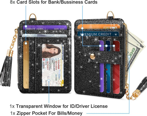 Slim Zipper Credit Card Holder with Keychain Wristlet Small RFID Glitter Leather Wallet with ID Window for Women,Black...