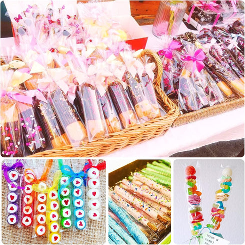 200 Pcs Thickened Pretzel Rod Bags - 2x10 Inches, Self Sealing Cellophane, Clear Individual Bags for Chocolate, Candies, Cookies...