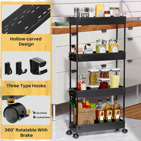 SPACEKEEPER Slim Rolling Storage Cart 4 Tier Bathroom Organizer Cart Mobile Shelving Unit Slide Out Utility Cart for Kitchen, Bthroom, Makeup, Cra...