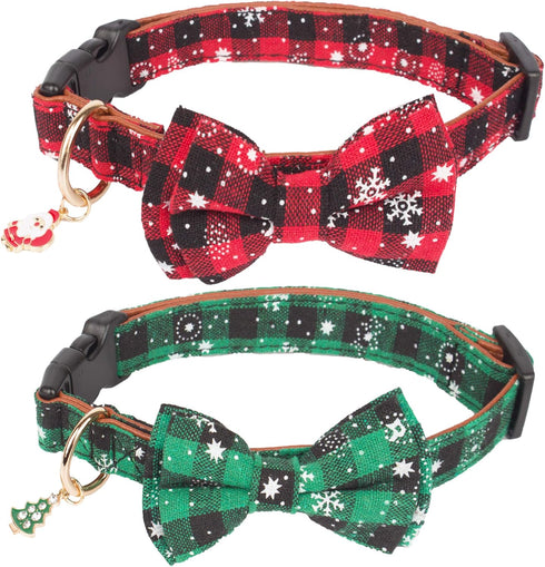 ADOGGYGO Christmas Dog Collar with Bow Tie Adjustable Dog Bowtie Collar Red Green Plaid Dog Christmas Collars for Small Medium Large Dogs Pets (X-...