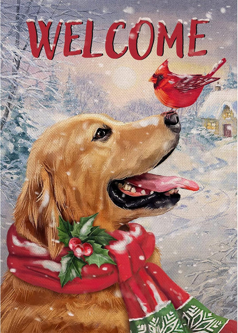 Welcome Winter Golden Retriever Dog Decorative Burlap Garden Flag, Puppy Cardinal Pet Home Yard Small Outdoor Decor, Christmas Snowy Outside Decor...